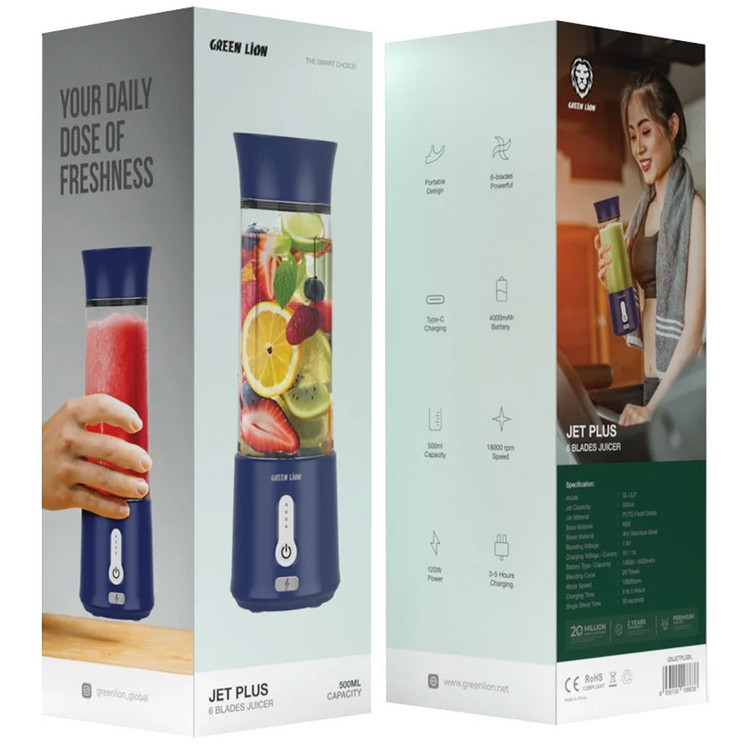 شیکر و اسموتیساز شارژی شش تیغه 500 میلیلیتری گرینلاین Jet Plus GNJETPLSBK
