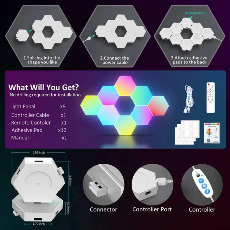 پنل دیواری RGB شش ضلعی مدل Smart Hexagon LED Wall Lights کد۶۳۵