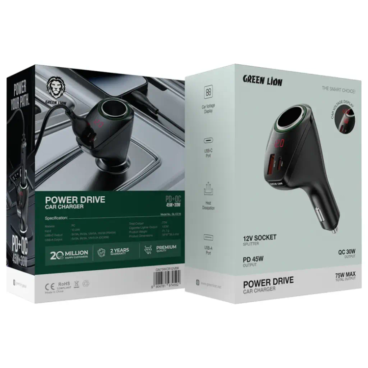 شارژر فندکی 75 وات گرین لاین مدل Power Drive 75W Car Charger