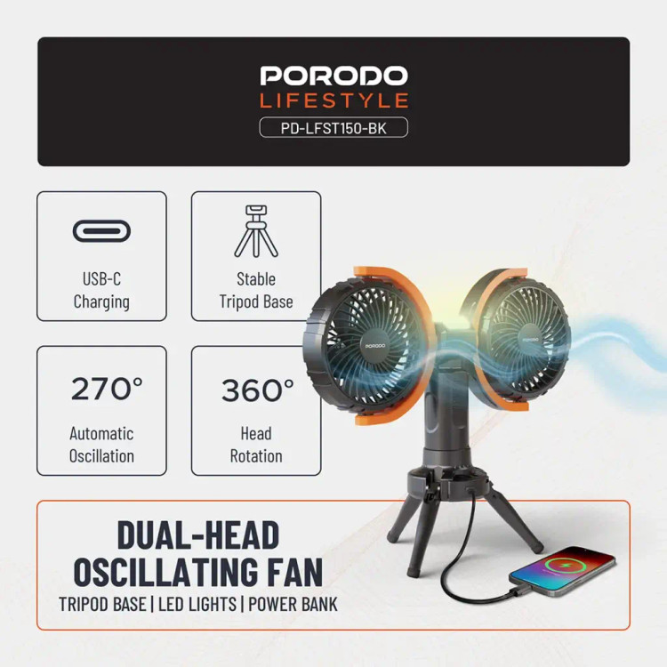 پنکه شارژی قابل حمل به همراه چراغ و پاوربانک پرودو مدل PD-LFST150