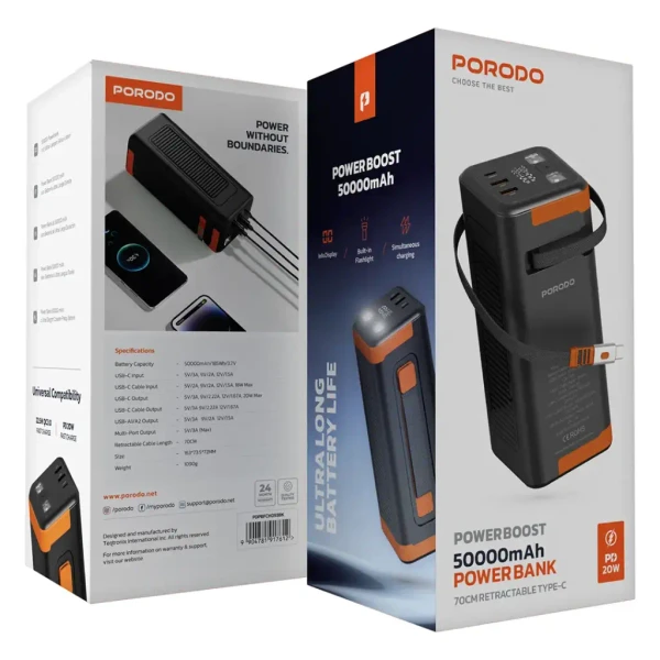 پاور بانک اورجینال پرودو مدل Porodo PD-PBFCH093 Power Boost 50000mAh Power Bank PD 20W