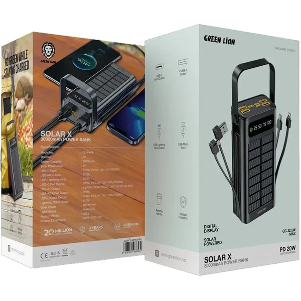 پاوربانک 20 وات گرین لاین مدل Solar X ظرفیت 30000 میلی آمپر ساعت دارای گارانتی و ضمانت اصالت کالا