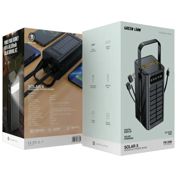 پاور بانک گرین لاین مدل Solar X ظرفیت 60000 میلی آمپر ساعت دارای گارانتی و ضمانت اصالت کالا
