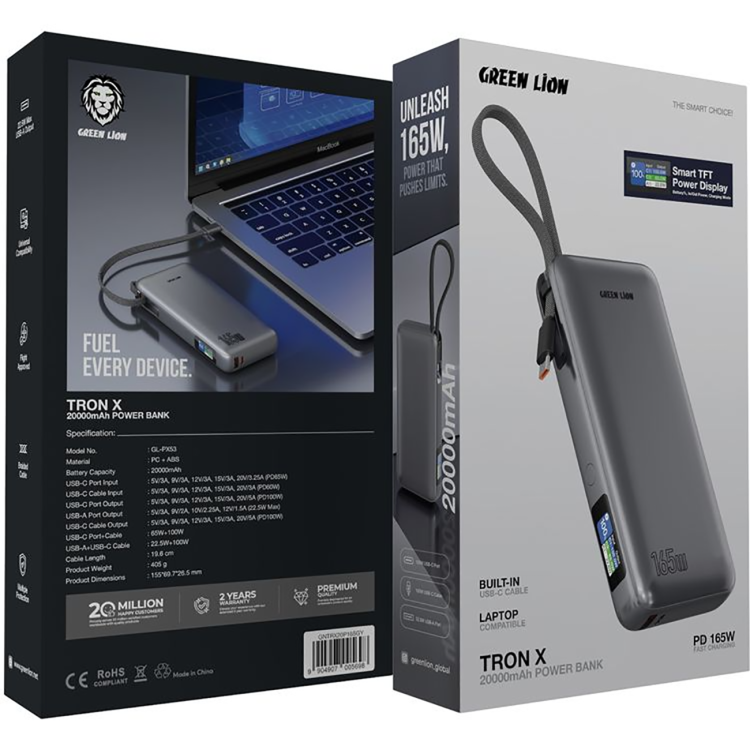 پاوربانک گرین لاین 20000 میلیآمپر اورجینال مدل Tron X GNTRX20P165GY