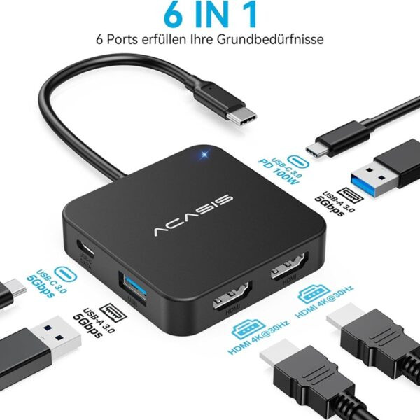 هاب ۶ در ۱ تایپ سی ACASIS مدل HC31-2H15 | مبدل Dual HDMI (دو خروجی تصویر) اورجینال